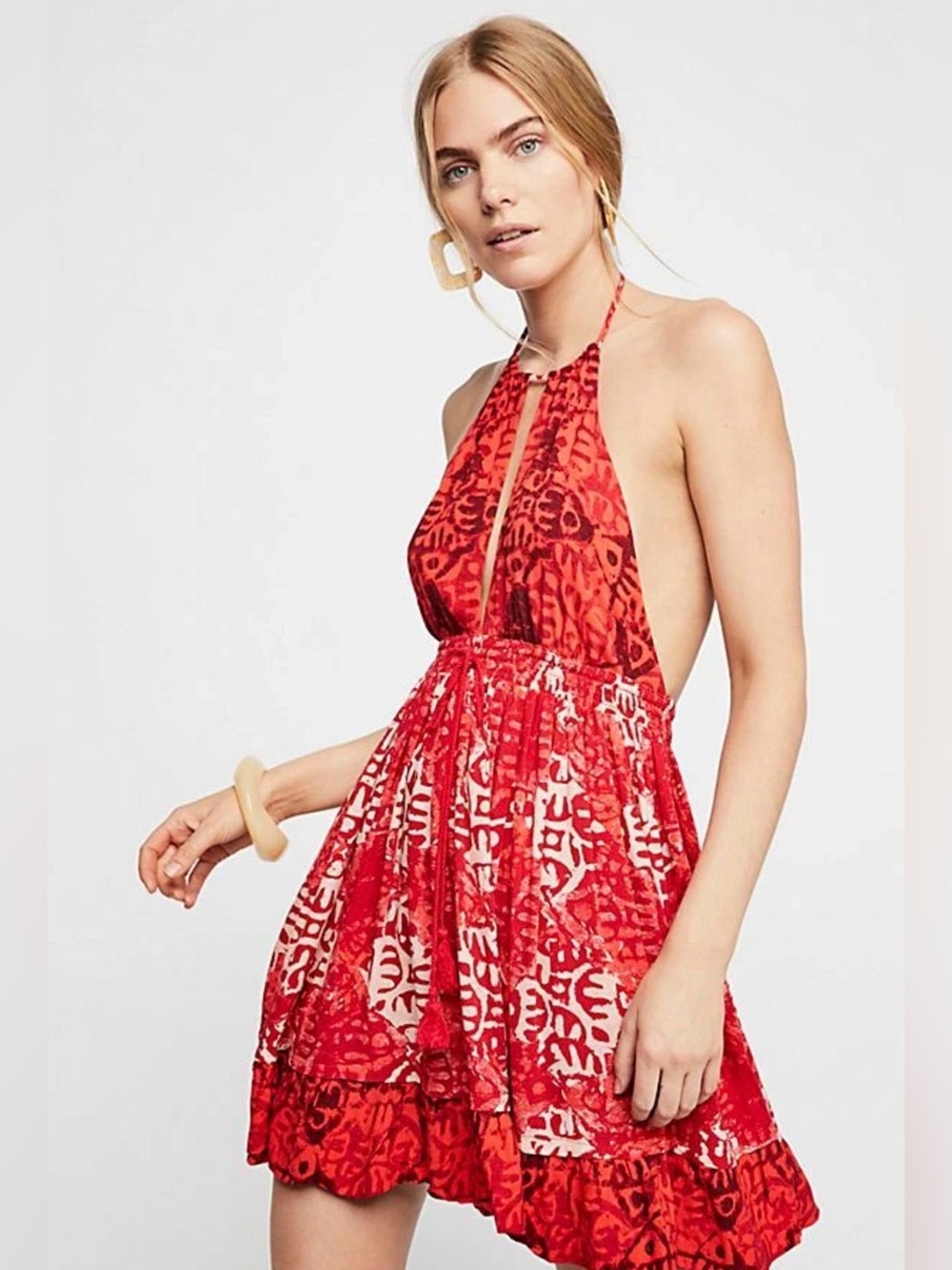 Free People Red Printed Backless Halter Mini Dress - Picture 1 of 7